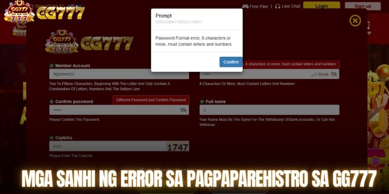 Mga sanhi ng error sa pagpaparehistro sa GG777