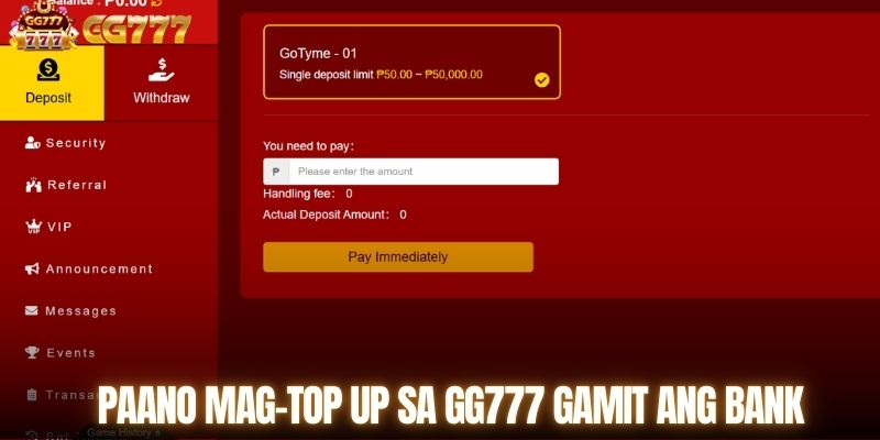 Paano mag-Top up sa GG777 gamit ang bank transfer